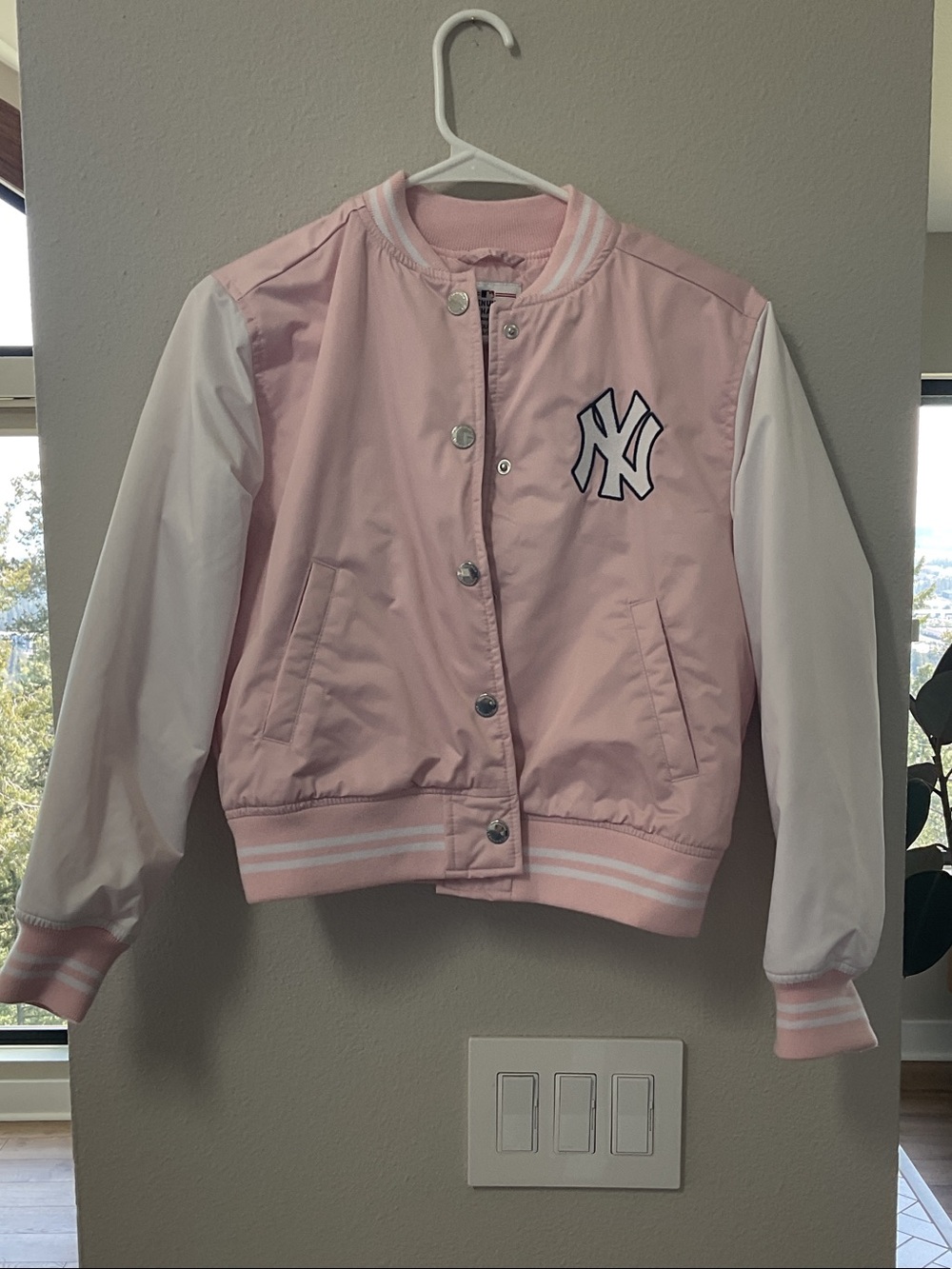 abercrombie kids Pink and White Varsity-Style Jacket with NY Patch